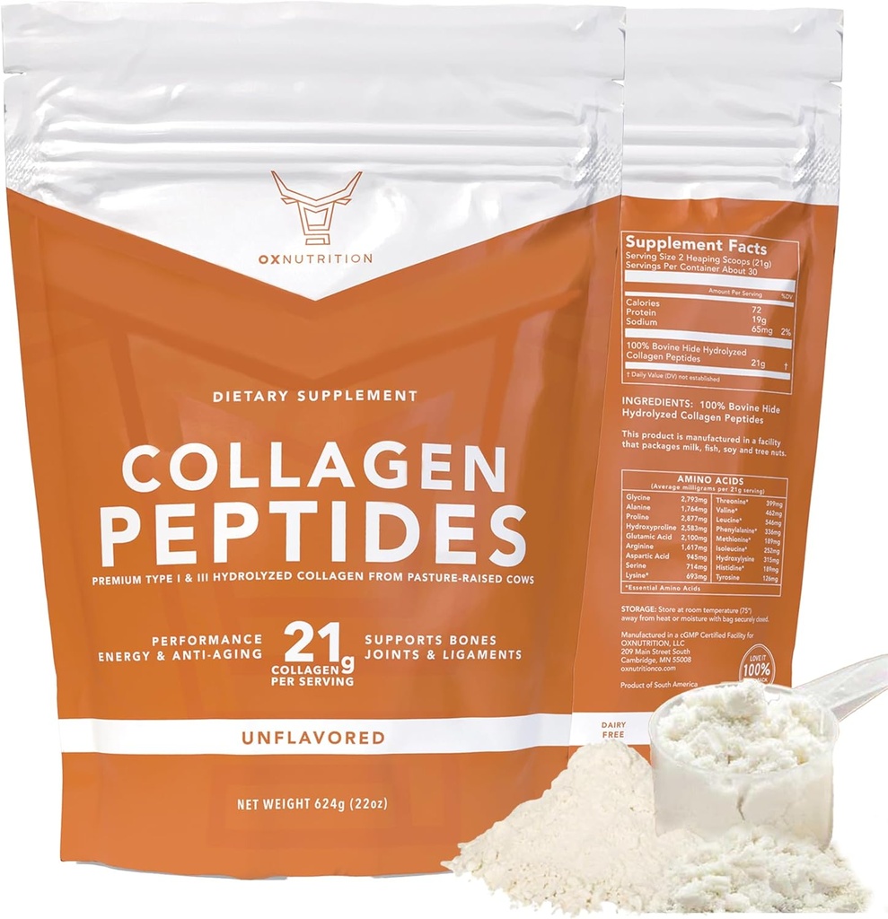 OX Collagen Powder for Women Men (22oz) Tipo I & III Flavorless & Odorless Easy-Mix Hydrolyzed Peptan Protein Peptides de pelo Conjunto Skin &amp; Nail Support Gluten-Free Non-GMO Keto Paleo Grass-Fed Kosher