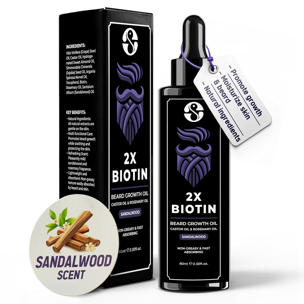 Biotin Concentration Beard Thickener & Softener - 2oz con Castor Oil, Rosemary Oil y Vitaminas - Sandalwood Scent for Men