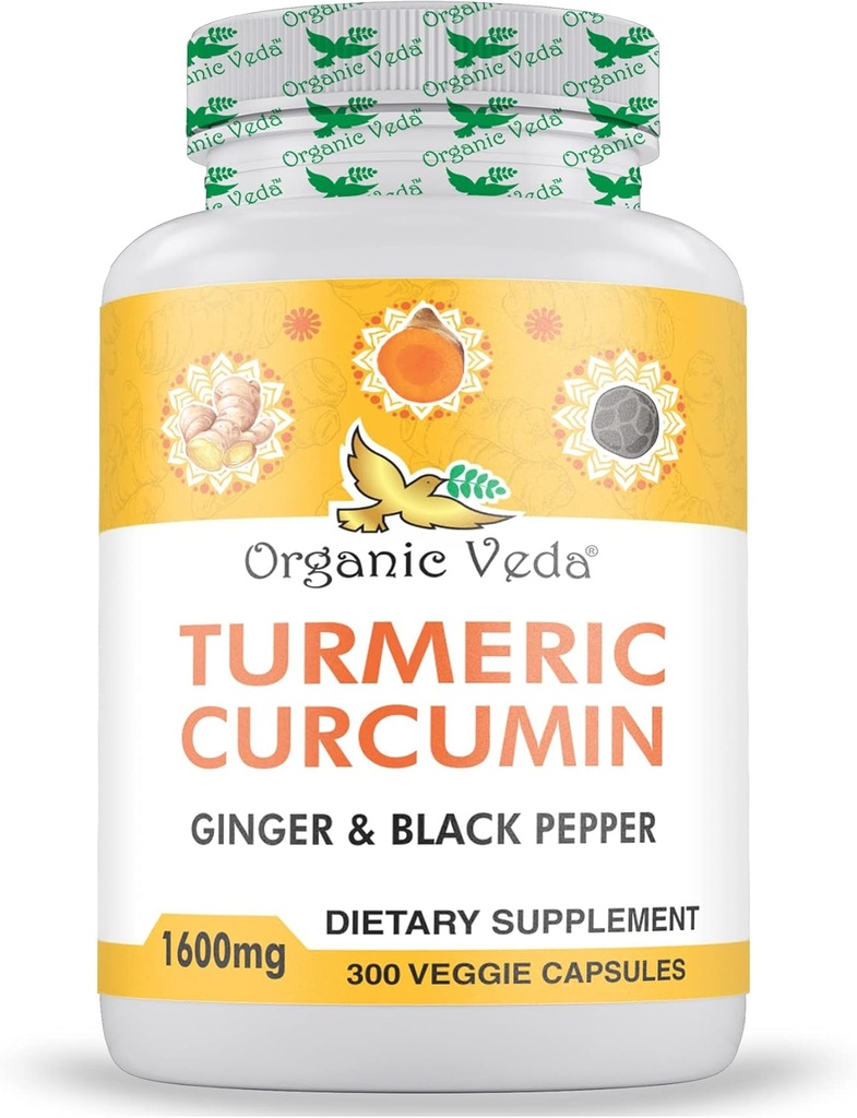 Orgánica Veda Turmeric y Ginger Capsules 300 Pills - Orgánica Curcumina Turmérica con Pepper Negro para Soporte Conjunto - No GMO, Gluten Libre, Turmérico y Ginger Suplemento (95% curcuminoides)