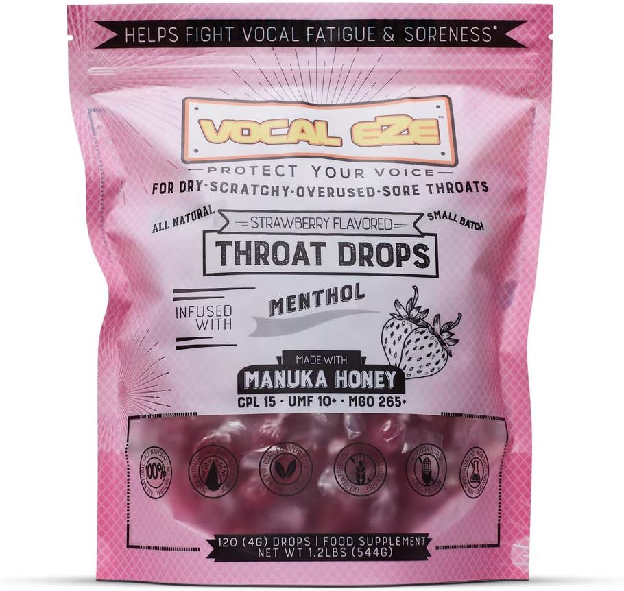Vocal Eze Manuka Honey Strawberry UMF 10+ (MGO 265+) Menthol Cough Drops (120) ← Lozenges for Sore, Hoarse, Fatigue, Dryness of Throat  durable Voice Support, All Natural and Organic Ingredients