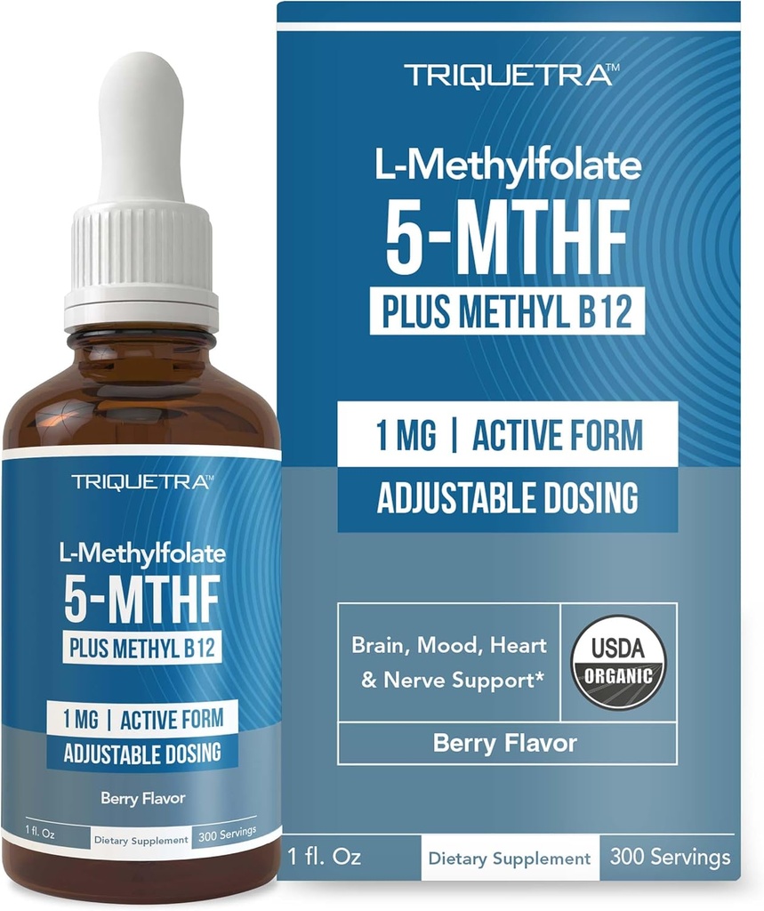 Folato de metil orgánico 1000 mcg + Metil B12 Cofactor (300 Servings) – Forma Metabólicamente activa de 5 MTHF, Sabor de Berry orgánico, Forma Sublingual Líquida – Mood, Cognición, Metilación, Embarazo (1oz)