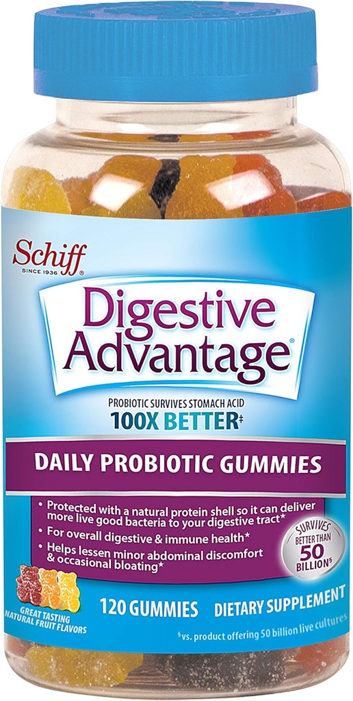 Beneficios Digestivos Daily Probiotic Natural Fruit Flavor Gummies, Helps Relieve Menor Abdominal Discomfort & ocasional Bloating, Supports Digestive & Immune Health, Cranberry, 120 Count