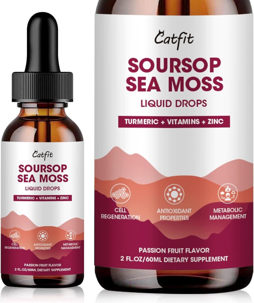 Soursop Graviola Liquid Drop – Soursop Bitters Liquid Drops with Sea Moss, Turmeric & Vitaminas B6 C Zinc for Cell Support, Antioxidante, Relax & Immune Boost, Passion Fruit Flavor,2 Fl Oz