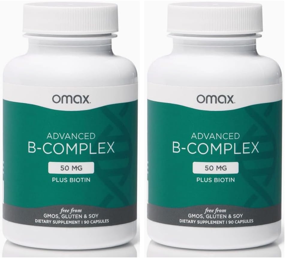 Omax3 2 Bottles - Advanced Vitamin B Complex 50MG with Biotin | Strong & Shiny Hair, Skin Nails, Support Stress, Immunity, Energy Metabolism, 90 Capsules/per Bottle