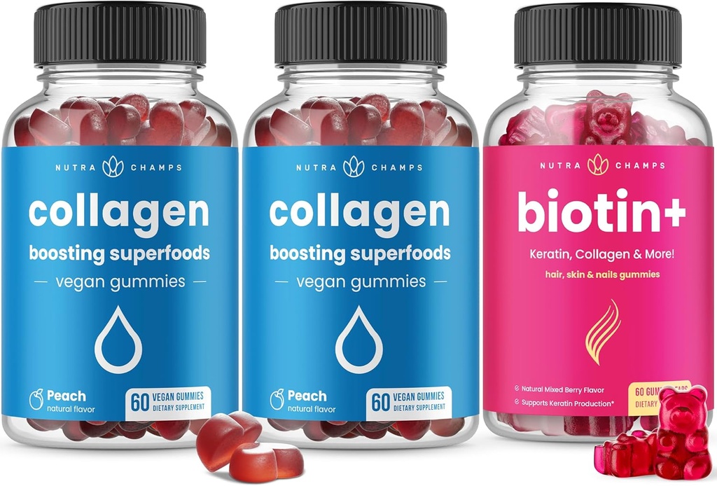 NutraChamps Pelo completo, Esquín &amp; Nails Bundle - Biotina, Collagen, Keratin &amp; More