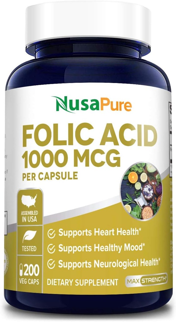 NusaPure Folic Acid 1000mcg 200 Veggie Caps (No-GMO, Vegetariano, Gluten Free)