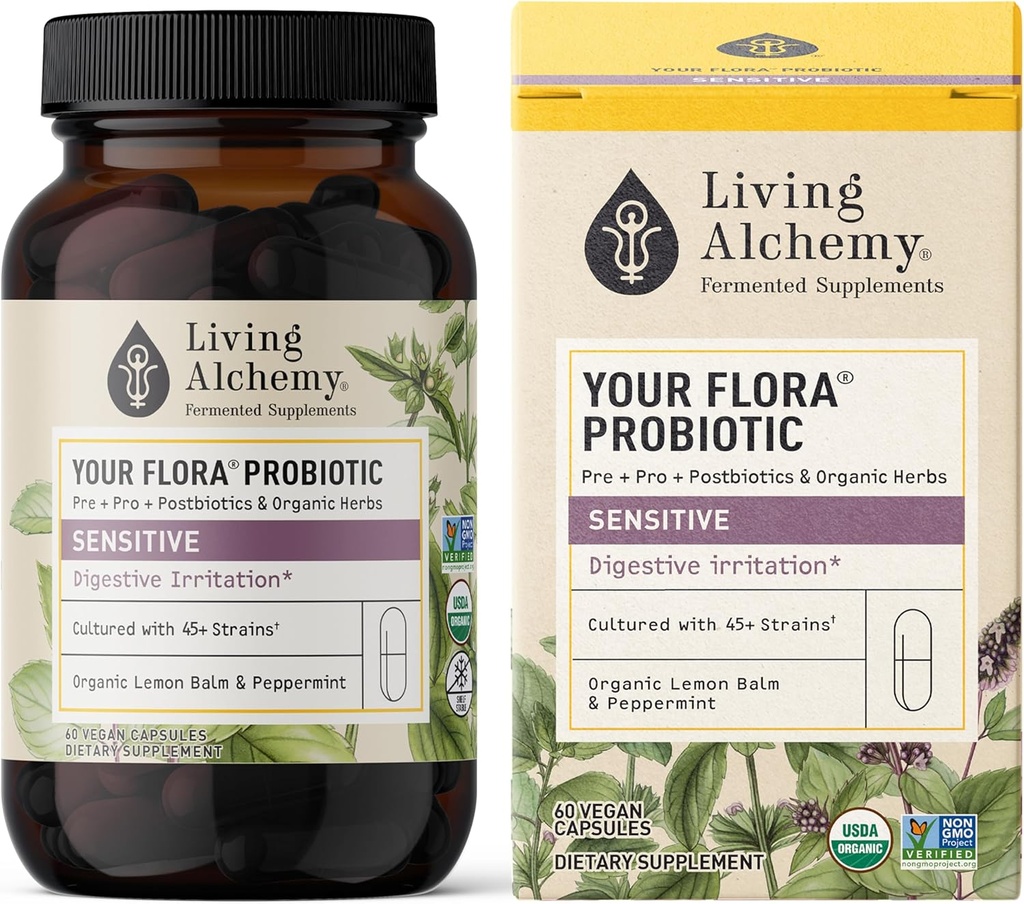 Suplementos de Gut Health - Su Flora Probiotic Sensitive with Fermented Soybean, Lemon Balm, Peppermint, " Prebiotics - Cleanse Detox for Men &amp; Women - Vegan, Non-GMO - Living Alchemy, 60 Pcs