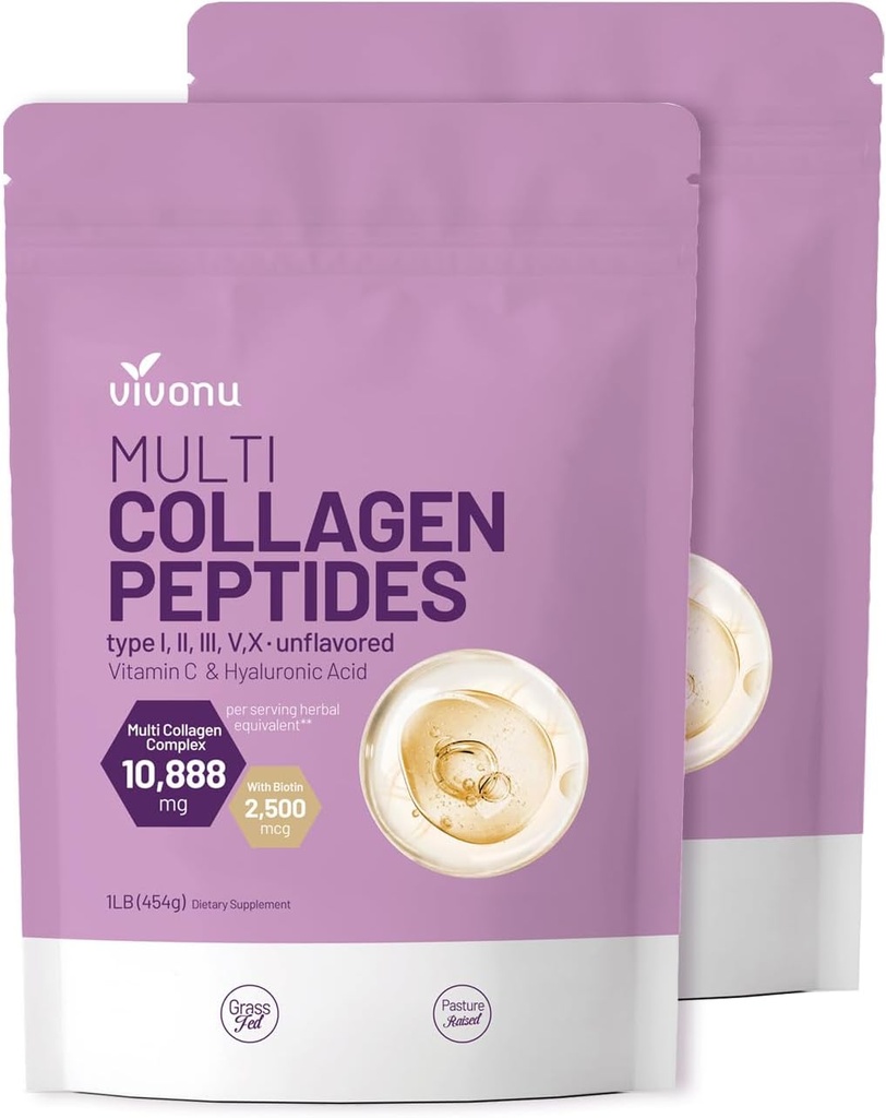 VivoNu Multi Collagen Peptides Powder, 16 Oz Hydrolyzed Protein Peptides ← Tipo I,II,III,V,X con ácido hialurónico, biotina & vitamina C Unflavored Keto Paleo Friendly, Ez Mix in Drinks (2LB/2Pack)