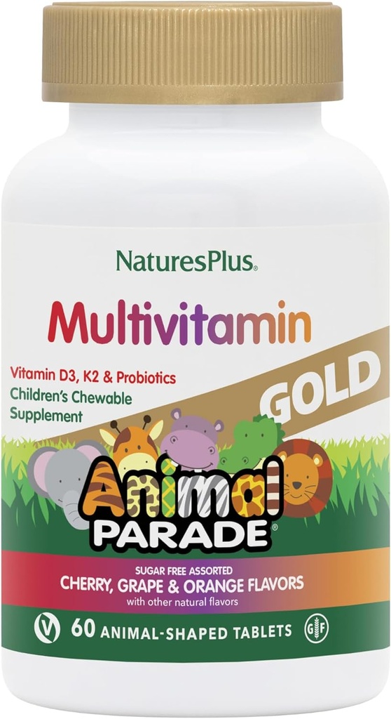 Natures Plus Animal Parade Fuente de Vida Gold Children's Chewable Multivitamin - Cereza surtida, Orange &amp; Grape Flavors - 60 Chewable Tablets - Vegetariano, Gluten-Free - 30 Servimientos