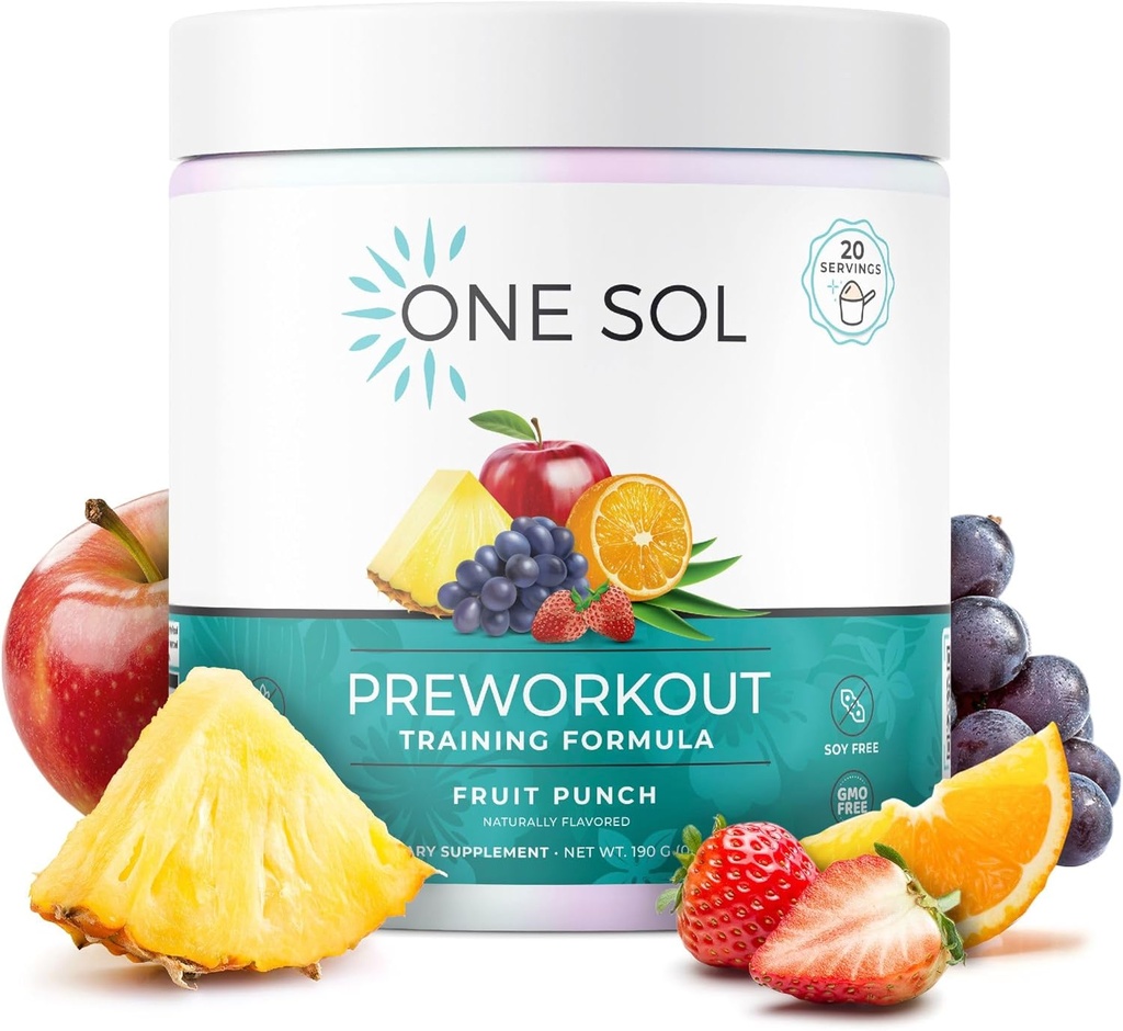 One Sol Pre-Workout for Women, Enhanced Pump & Focus, No Jitters Or Crash, Natural Ingredients, 100% Vegan, Gluten Free &amp; (Fruit Punch)