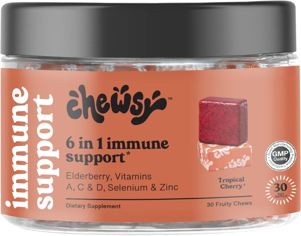 Chewsy 6-in-1 Immune Support Supplement Fruity Chews with Elderberry, Vitamina C, A &amp; D, Zinc &amp; Selenium - 30-Day Supply, Individualmente Wrapped Immunity Vitamins Chews for Adults and Kids (1)