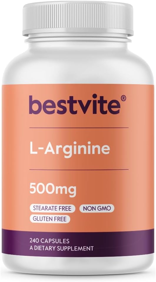 BESTVITE L-Arginina 500mg (240 cápsulas) - No esteato de magnesio - No Dióxido de silicona - No Fillers - No GMO - Gluten Gratis