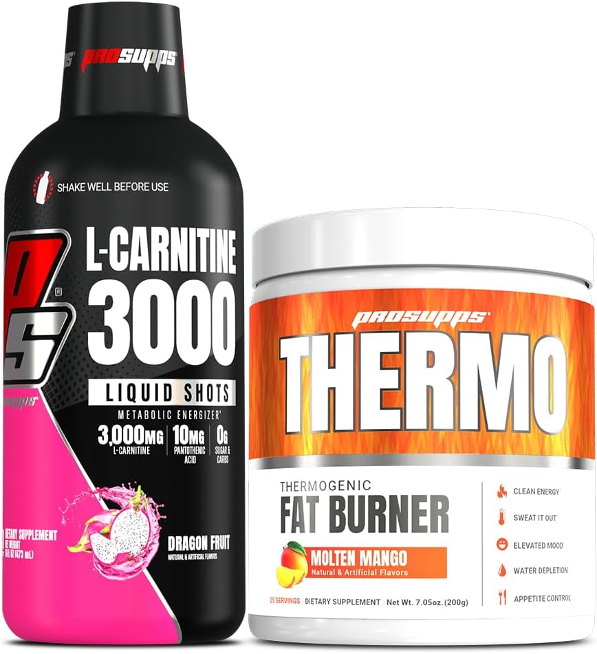 PROSUPPS L-Carnitina 3000 Zapatos líquidos libres estimulantes (31 Servings, Dragon Fruit) y Termo grasa quemando de polvo termogénico (25 Servings, Molten Mango) Bundle