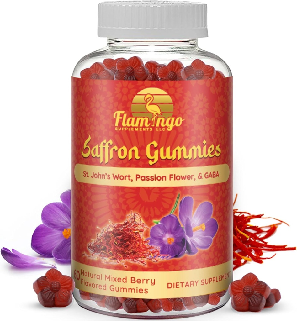Saffron Extract Gummies-Sugar Suplemento Saffron Gratuito Mejorado con GABA, Saint John's Wort, Passion Flower- Saffron Suplementos para niños, mujeres, hombres. Focus y Mood Support. 60 Gummies de Saffron