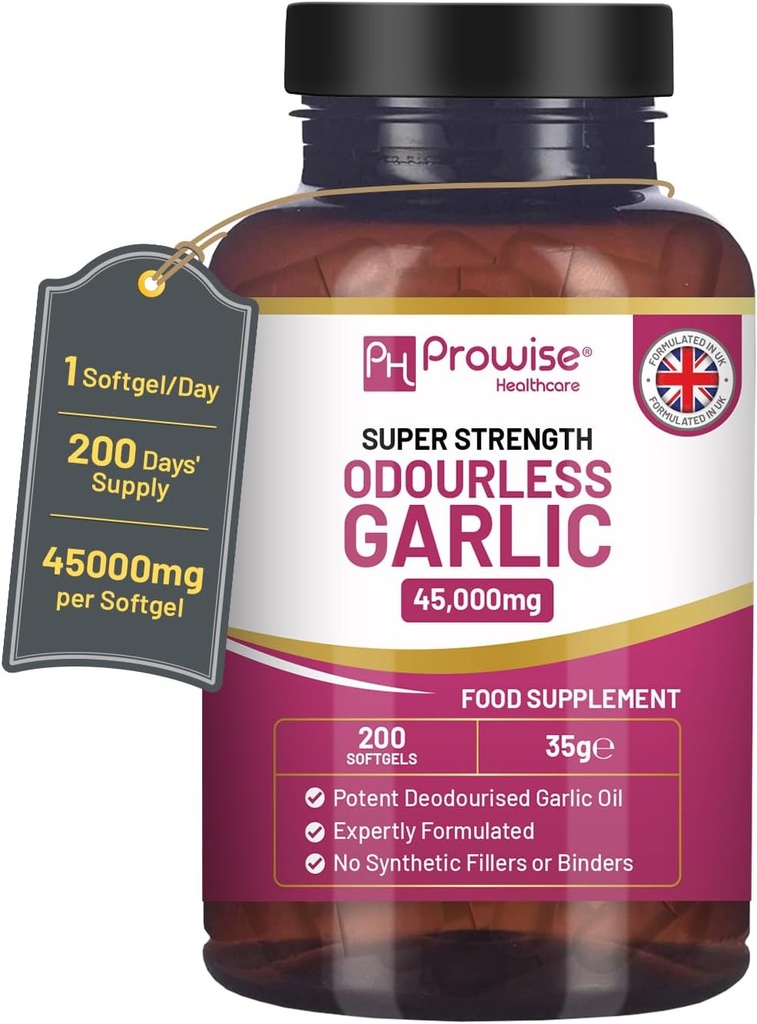 Cápsulas de ajo sin olores Premium 45,000mg por softgel  sometida 200 softgels (no Tablets) Super High Strength ← Cold Presionado y Deodourised Premium Aceite de ajo Extracto de Allium Sativum