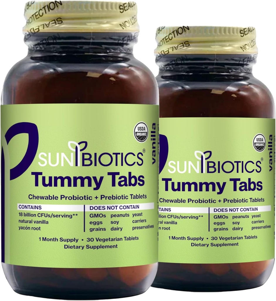 SUNBIOTICS Tummy Tabs - Chewable Probiótico y Tabletas Prebióticas con 18 Billones CFUs de 4 Strains Probióticos para Buena Gut Flora, Sistema Immune, & Microbioma Equilibrado - Vainilla, (Pack of 2)