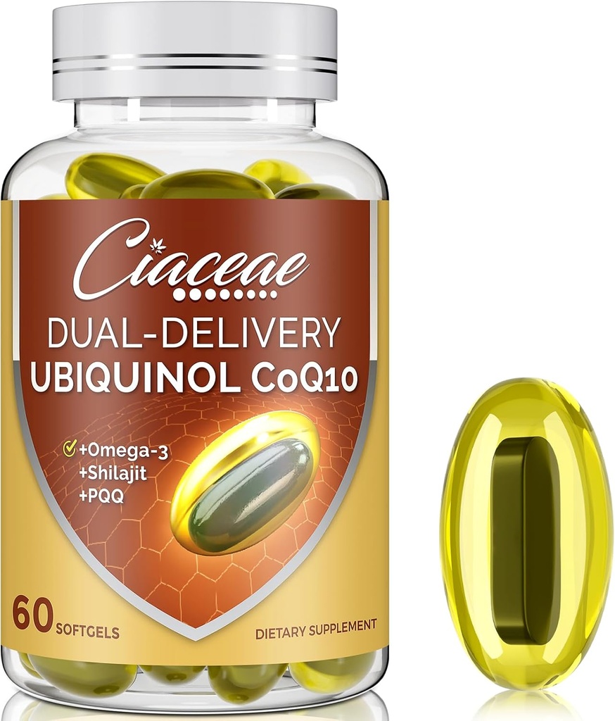 Ubiquinol CoQ10 600 MG Softgels con Omega-3 " Shilajit " PQQ, Coenzyme-Q10 avanzado, Active CoQ10 Ubiquinol Suplemento para Fertilidad, Antioxidante, Corazón, Cerebro &amp; Energía, 60 Servimientos