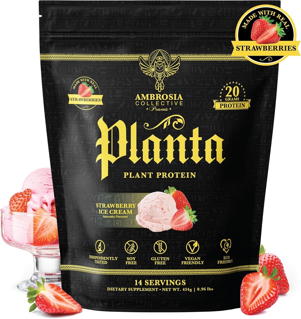 Ambrosia Planta - Premium Plant-Based Protein | Vegan & Keto Friendly | Gourmet Flavors with No Bloating or Stomach Upset | No Added Sugar | 14 Servings | (Strawberry Ice Cream)
