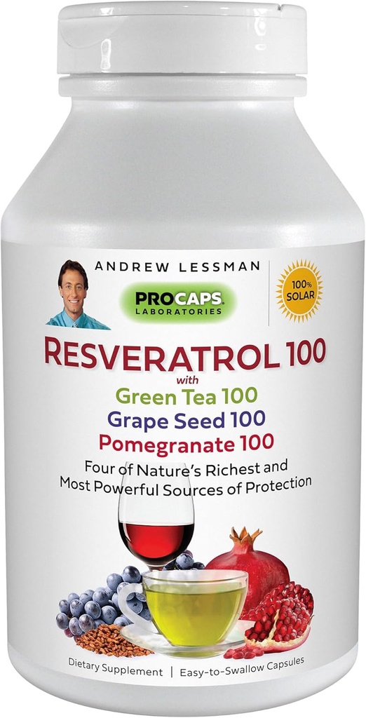 ANDREW LESSMAN Resveratrol-100 with Green Tea 100 Grape Seed 100 Pomegranate 100mg - 60 Capsules - Four Powerful, Protective Anti-oxidants.