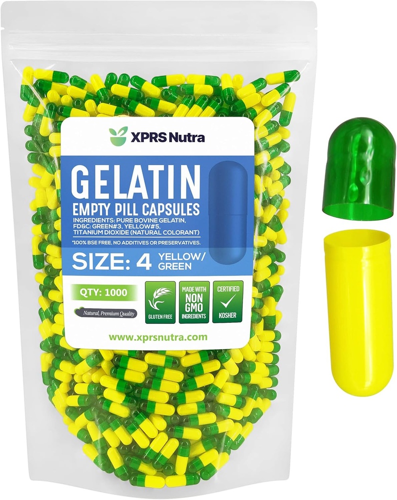 XPRS Nutra Size 4 Empty Capsules - 1000 Cuentas Pequeños Empty Gelatin Capsules Pills - DIY Capsule Filling - Bovine Pill Gel Caps (Green/Yellow)