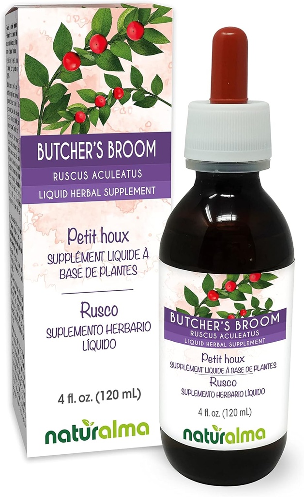 Naturalma Butcher's Broom (Ruscus aculeatus) Root Alcohol-Free Tintura - 4 fl oz Liquid Extract in Drops - Herbal Supplement - Vegan