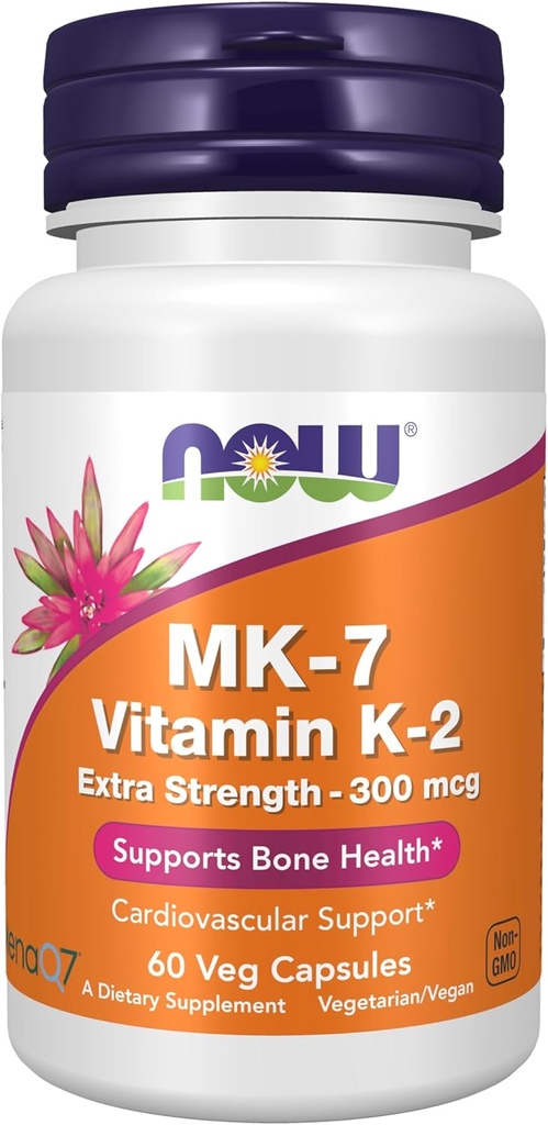 AHORA Suplementos de alimentos, vitamina K2 (MK-7) 300 mcg, fuerza extra, ayuda a la salud ósea*, 60 cápsulas de verduras