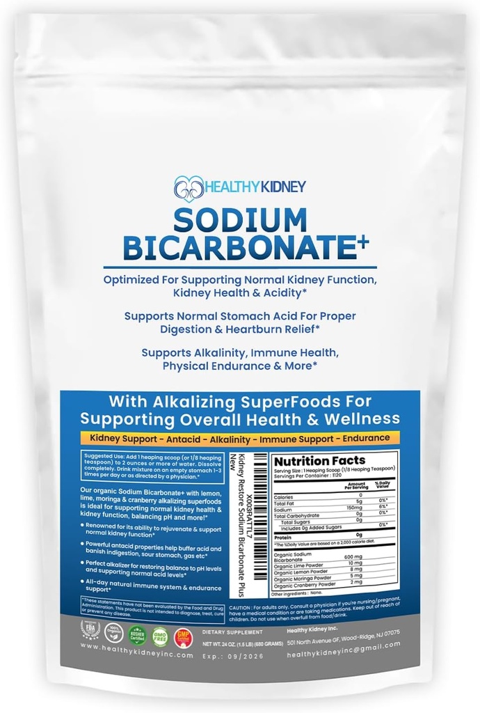 Uso orgánico Sodium Bicarbonato Alkaline Suplemento para Alkalinidad. Apoyo Kidney & Stomach Acid Neutralizer w/Alkaline Superfoods. Sodium Bicarbonato Powder Kidney Apoyo Antacid Sport 1.5LB