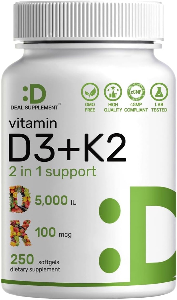 SUPLEMENTO DEAL Vitamina D3 5,000 UI + K2 MK7 Softgels, 250 Conde TENIDO 2-en-1 Complejo TENIDO Apoyos Corazón, Hueso, Dientes &amp; Salud Inmune* TENIDO Fácil de Tragar