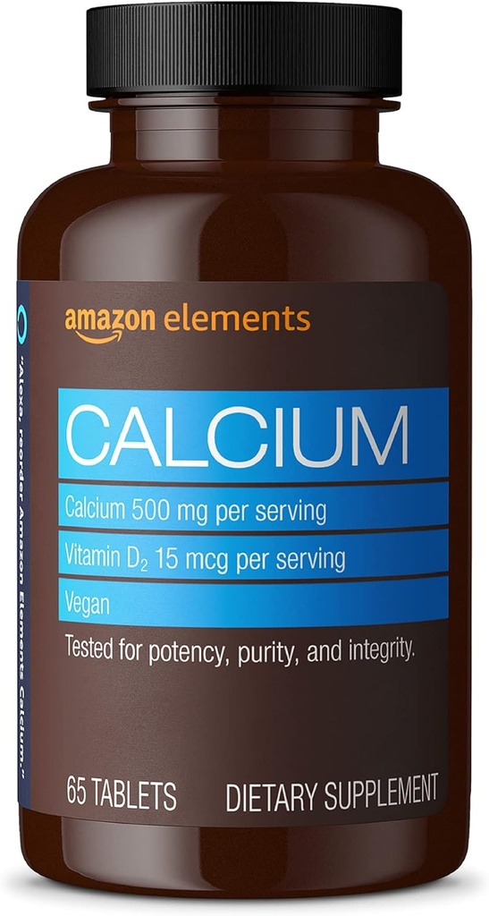   Elements Calcium plus Vitamin D, Calcium 500mg with D2 600IU, Vegan, 65 Tablets (2 month supply) (Packaging may vary), Supports Strong Bones and Immune Health