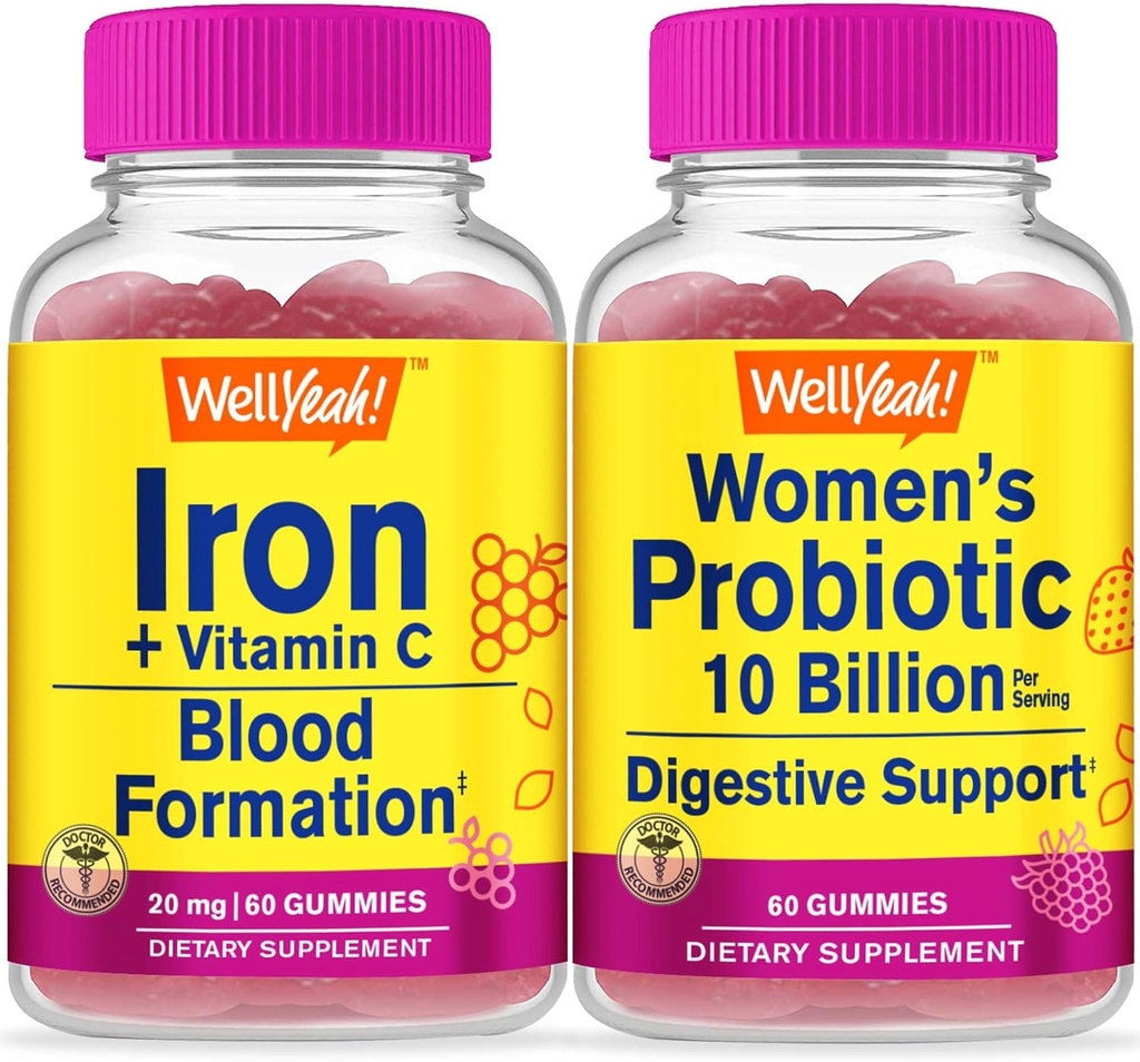 BuenoSí Iron+Vitamin C + Probióticos Mujeres 10B CFU, Gummies Bundle - Gran Tasting, Suplemento de vitamina, Gluten Gratis, GMO Gratis, Chewable Gummy