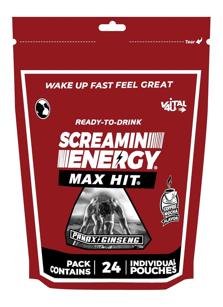 Screamin Energy Max Hit - Zapatos de energía Extra Strength with Ginseng & Caffeine - 100% B-1, B-2, B-3, B-6, B-7 y B12 Coffee Mocha, 24 Condes