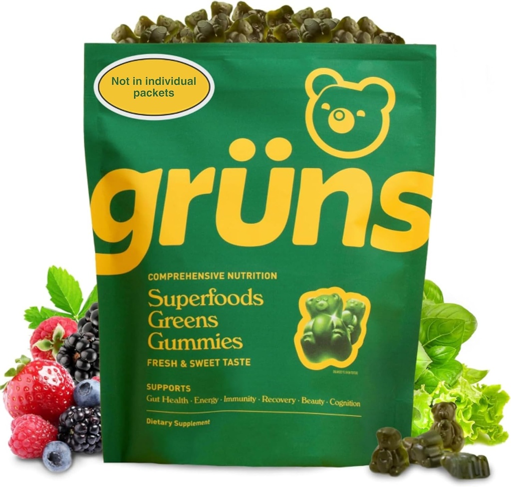 Gruns Adult Super Greens Gummies - Superfood Gummy Bears with Spirulina, Clorella " Prebiotics for Digestive Health - Adaptogens Supplement with 20 Vitamins " Minerals, Low Sugar- 2-Week Supply