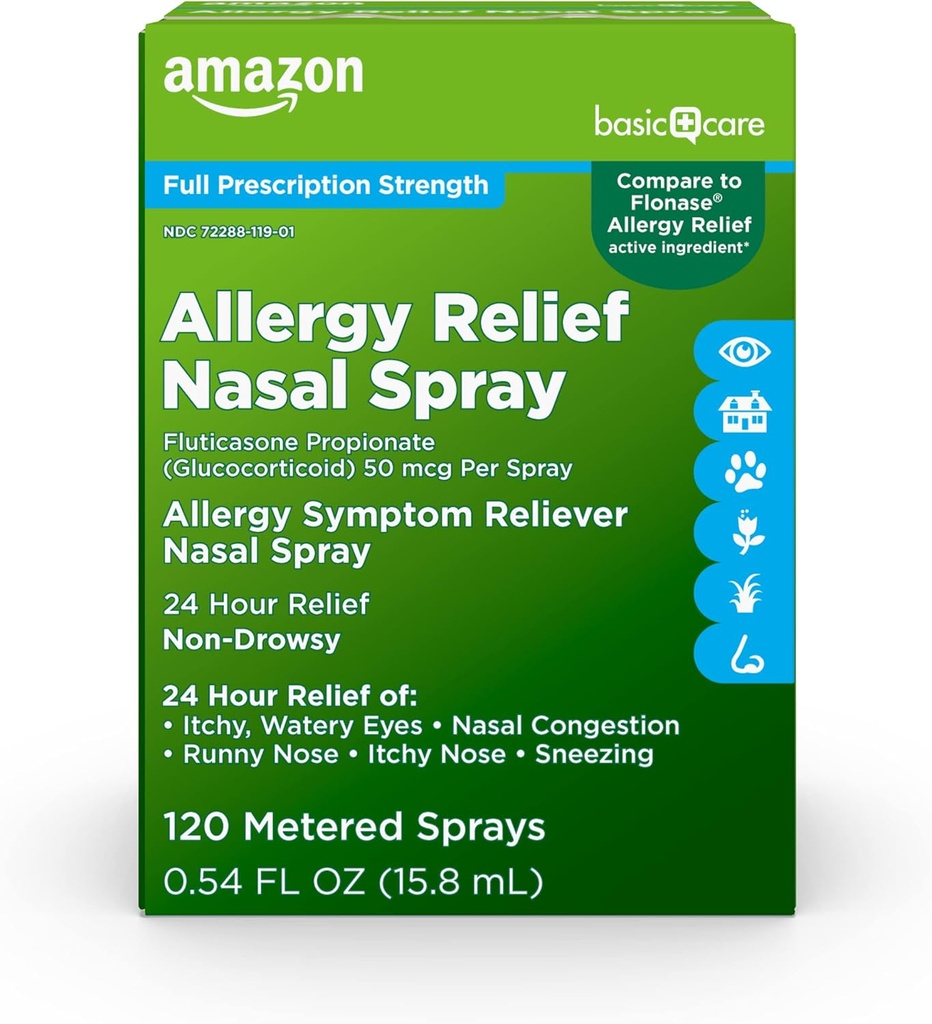   Basic Care 24-Hour Allergy Relief Nasal Spray, Fluticasone Propionate (Glucocorticoid), 50 mcg Per Spray, Full Prescription Strength, Non-Drowsy, 0.54 fl oz (Pack of 1)