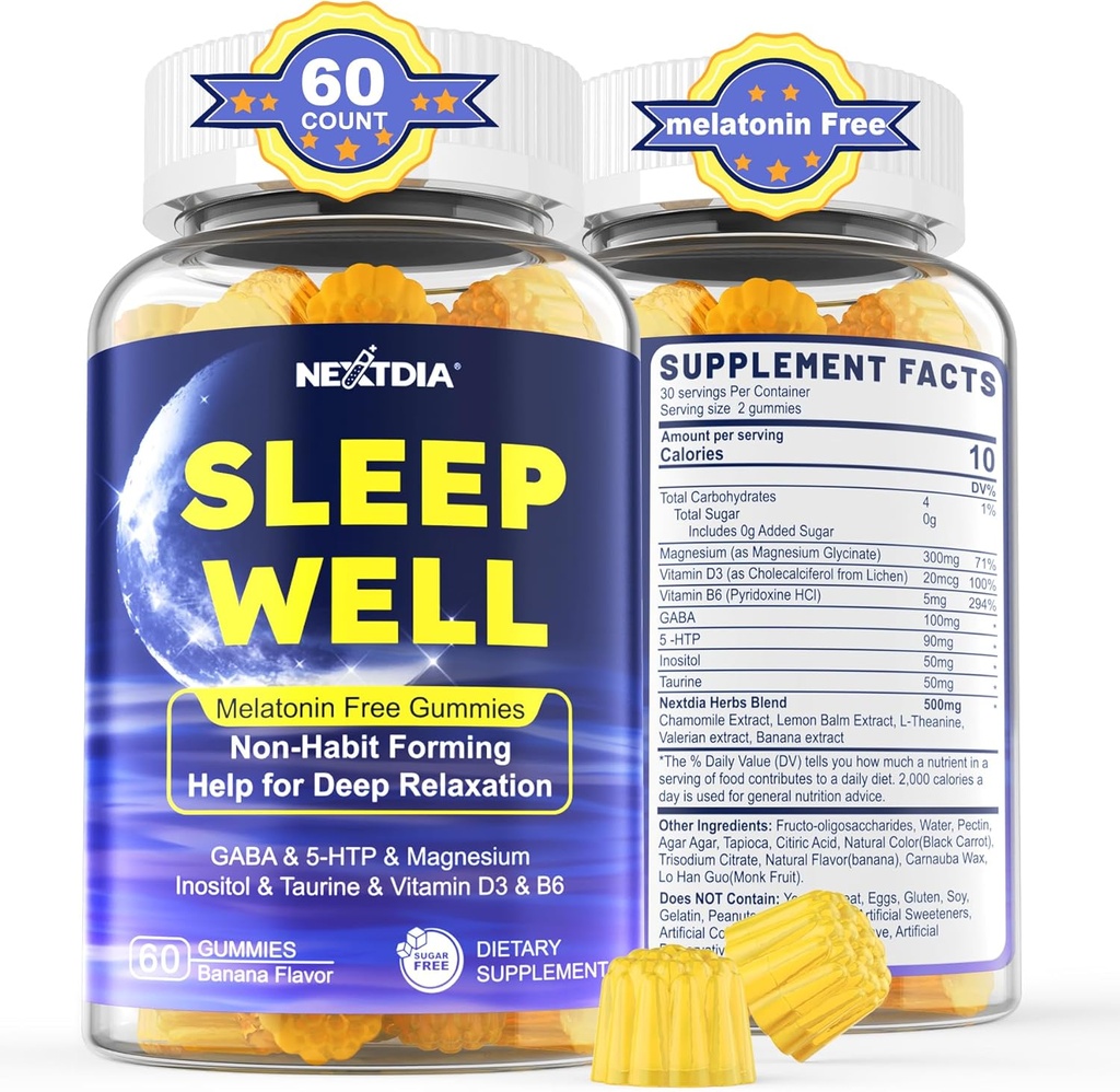 Melatonin Free Sleep Gummies, con Magnesium Glycinate, GABA, 5-HTP, L-Theanine, Valerian, Chamomile, Lemon Balm, Vitamina D3 &amp; B6 - Hormones &amp; Drug- Free, Non-Habit Forming,Sugar Free