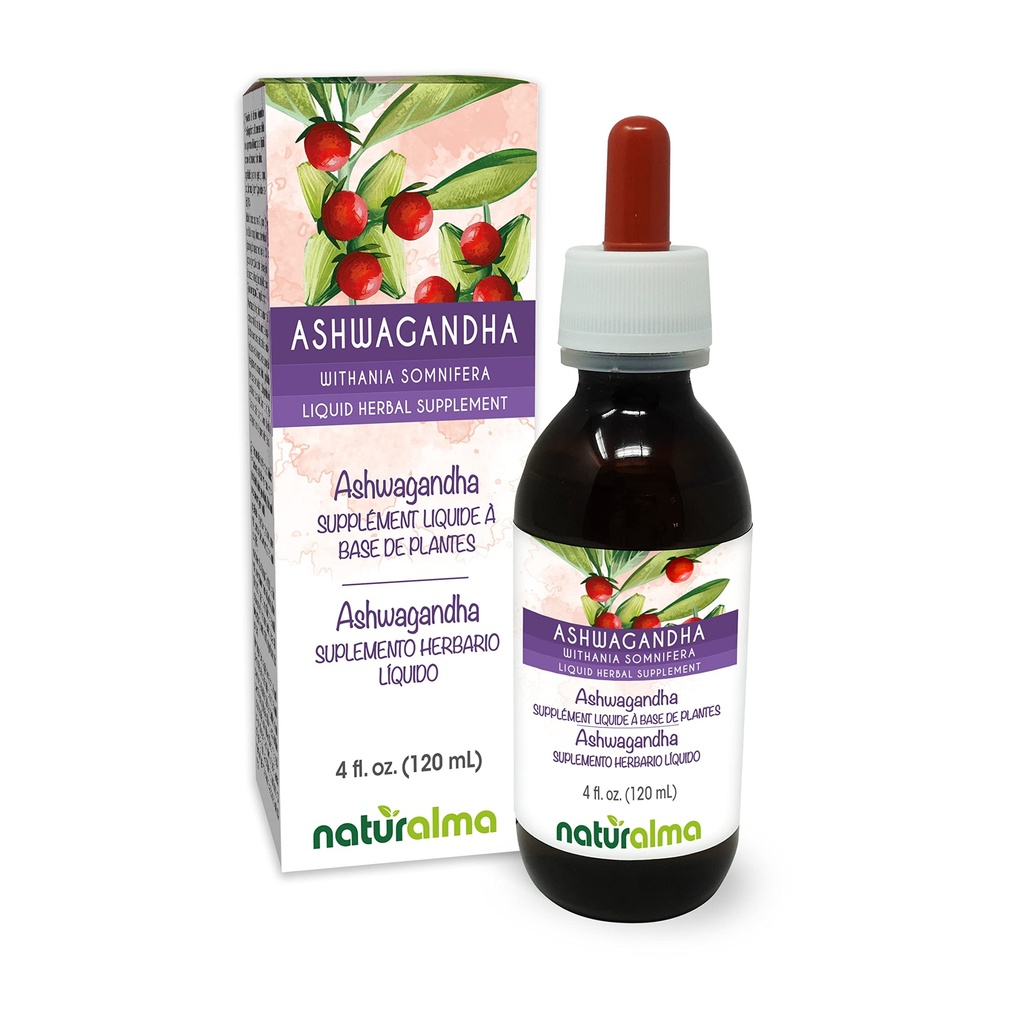 Naturalma Ashwagandha (Conania somnifera) Bota libre de alcohol Tintura - 4 fl oz Extracto líquido en gotas - Suplemento herbal - Vegan