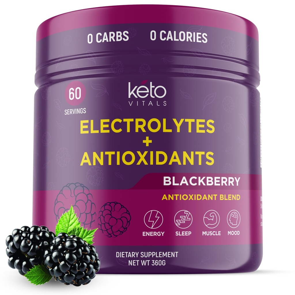 Keto Vitals Antioxidant Electrolytes Powder - Blend Keto Electrolytes with Potassium, Magnesium, Sodium, & Calcium - No Sugar Electrolyte Drink Mix & Hydration Powder, 60 Servings, BlackBerry