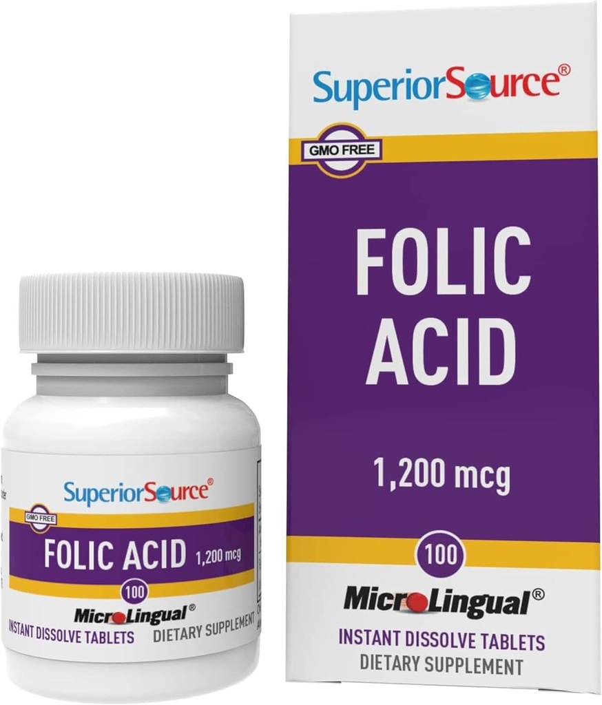 Ácido Fólico de Fuente Superior 1200 mcg - Soporta Corazón, Sistema Immune & Nervous - 100 Tabletas Sublinguales