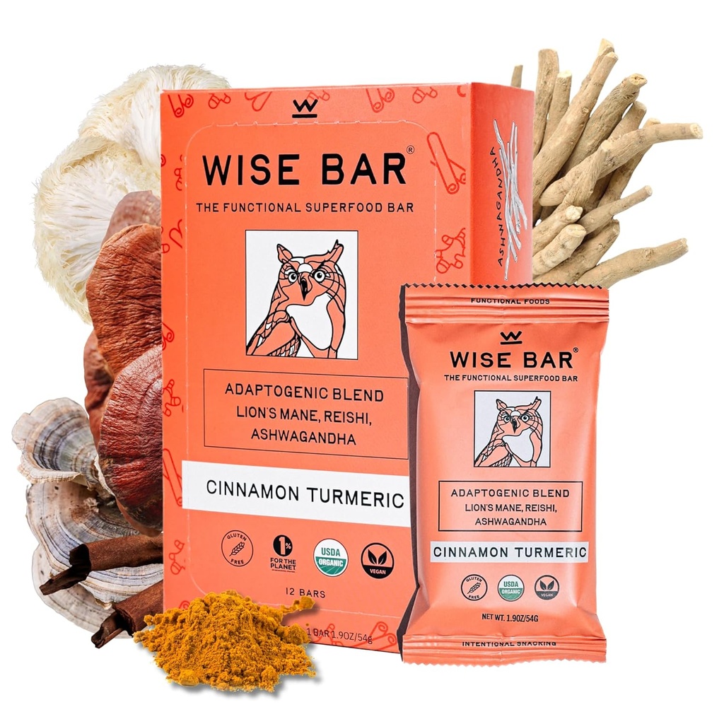 WISE BAR Adaptogen Mushroom Nutrition Bares con Reishi, Lions Mane & Ashwagandha, Organic Vegan & Gluten Free Snacks for Natural Focus, Energy &amp; Immunity Support, Cinnamon Turmeric Flavor, 12 Conde