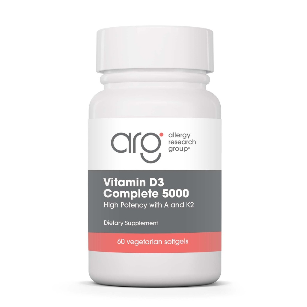 Grupo de investigación de alergia Vitamina D3 Completa 5000 UI - Vitamina D3 y Suplemento K2, Balance diario, con vitamina A, DeltaGold Tocotrienols, Alta potencia, Veggie Softgels - 60 Cuenta
