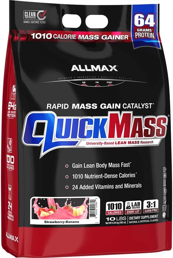 ALLMAX Nutrition QUICKMASS, Strawberry Banana - 10 lb - Rapid Mass Gain Catalyst - Hasta 64 Grams of Protein Por Serving - 3:1 Carb to Protein Ratio Zero Trans Fat - Hasta 70 Servings