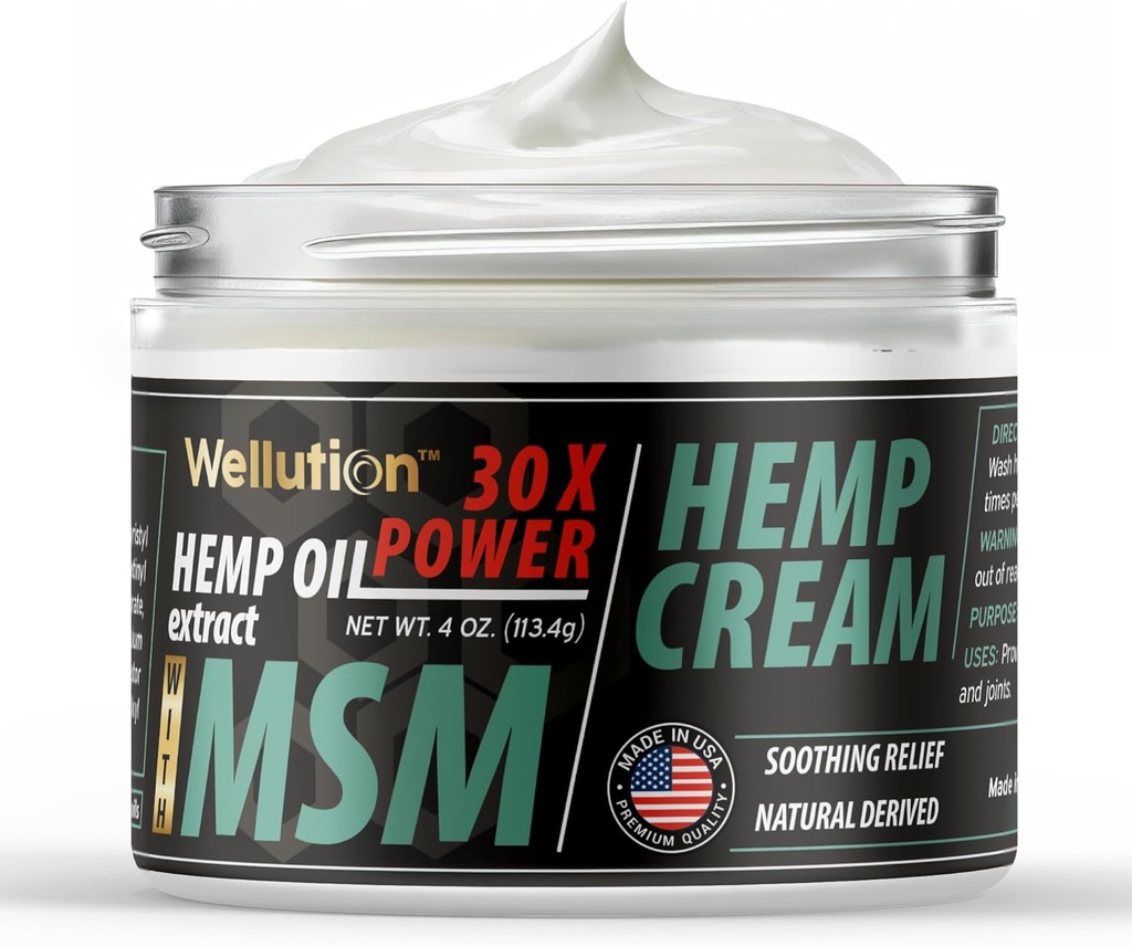 WELLUTION Hemp Cream - All-Natural Hemp Oil Extract - Extra Strength Massage Lotion with Arnica, Vitamins E ' A - 4 oz