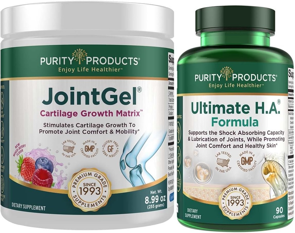 Purity Products Bundle - JointGel (Berry Flavor) + Ultimate HA Joint Gel Berry Powder (Bioactive Collagen Peptides + MSM) - Ultimate H.A. (BioCell Collagen, Quercetin, Hyaluronic Acid + Más)