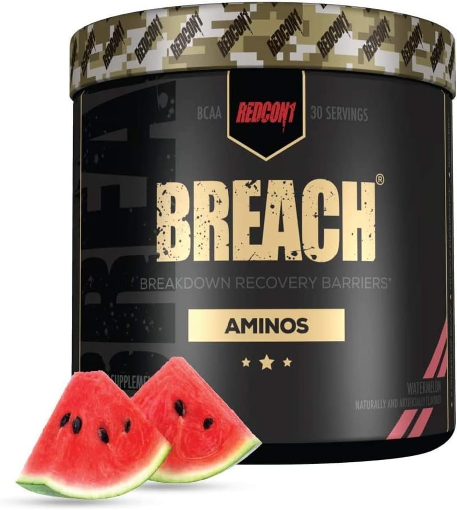 REDCON1 Breach BCAAs, Watermelon - Keto Friendly + Sugar Free Essential Amino Acids for Recovery - Contiene BCAAs L-Leucine, L-Isoleucine & L-Valine (30 Servimientos)