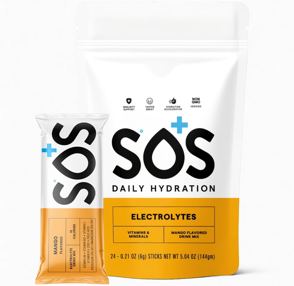 SOS Hydration Electrolyte Powder Drink Mix ← 24 Servings ← Vitaminas Esenciales Bajo Sugar Keto-Friendly ← Mango