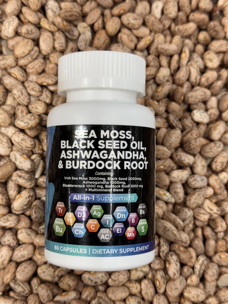 Sea Moss, Black Seed Oil, Ashwagandha, Burdock Root Suplemento, 60 cápsulas