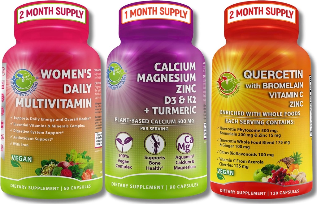 Immune, Bone & Energy Support Bundle – Quercetina con Bromelaina, Vitamina C & Zinc + Magnesio de Calcio con D3, K2 &amp; Turmérico + Multivitamina de Mujeres con Iron &amp; Ecológico Superalimentos