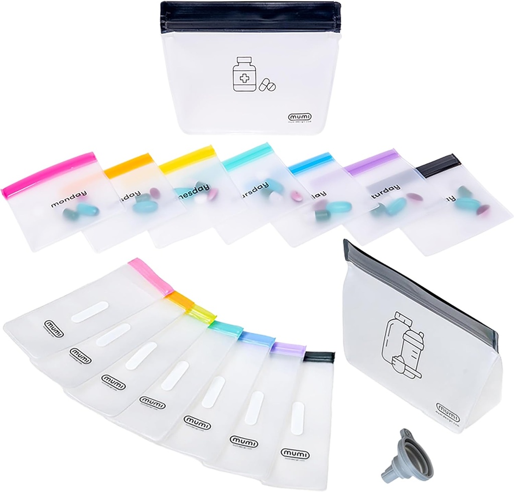 MUMI Ultimate Wellness Bundle - Pill Pouch Set y Single Dose Kit - 7pc Mini Pill Bags con 1 gran bolsa de cremallera y 7pc Powder Suplemento Packets con 1 gran bolsa de cremallera