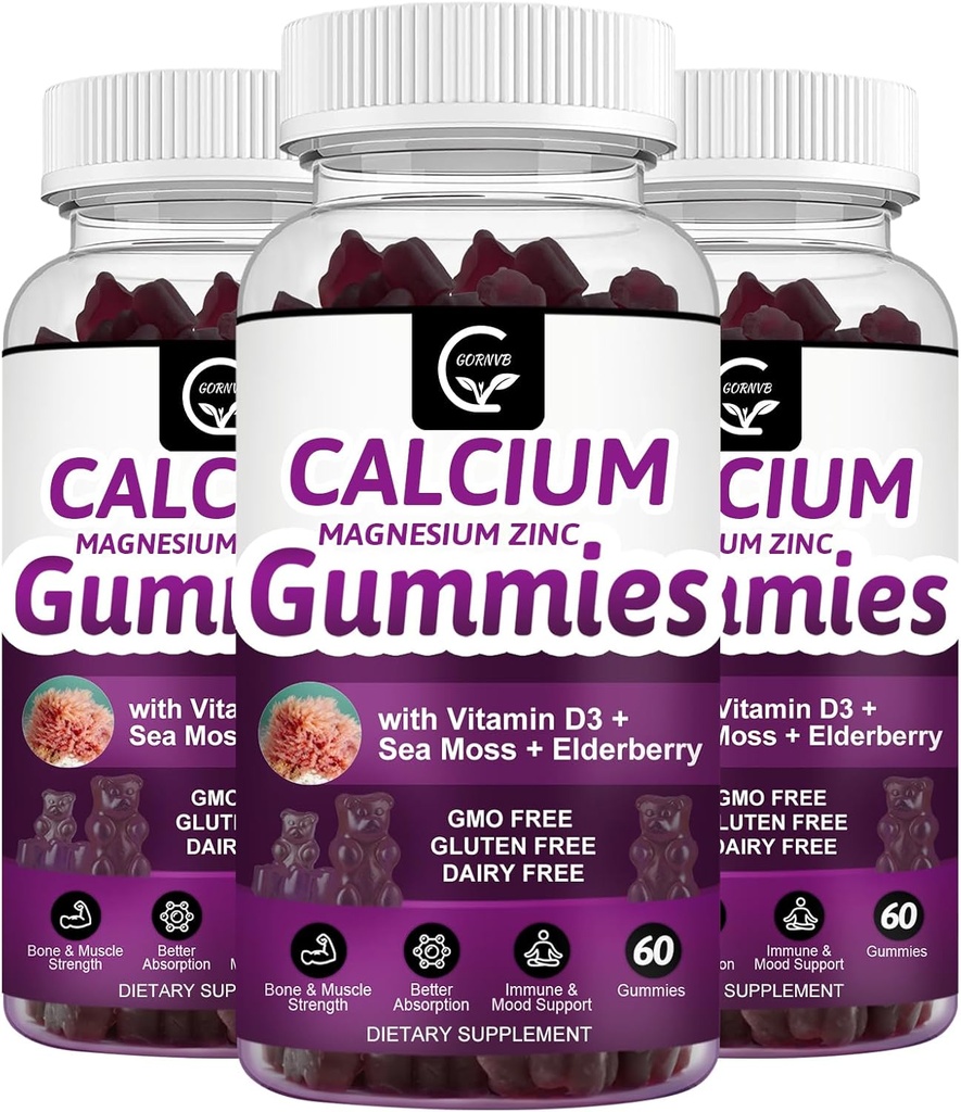 Calcio Magnesio Zinc Gummies with High Absorption Magnesium Glycinate Potassium - Complejo de Plantas Magnesio de Calcio 2:1 Ratio, con D3 Moss para Hueso, Musculos, Immune & Sleep Support, Vegan-3 Pack