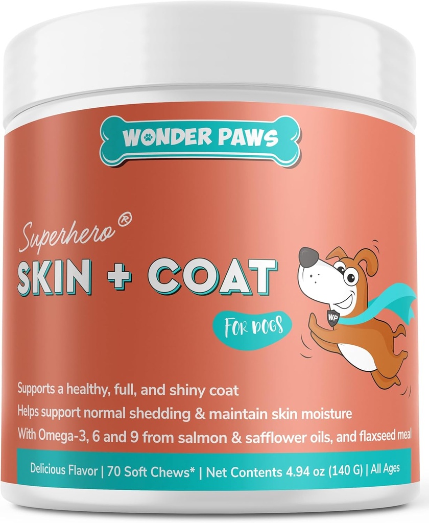 Wonder Paws Skin &amp; Coat Supplement for Dogs with Salmon Oil, Omega 3 &amp; 6, EPA & DHA, Promueve la piel y la carne saludables, Itchy Relief, Joint and Global Health, Delicious Flavor, 70 piel &amp; abrigo Soft Chews