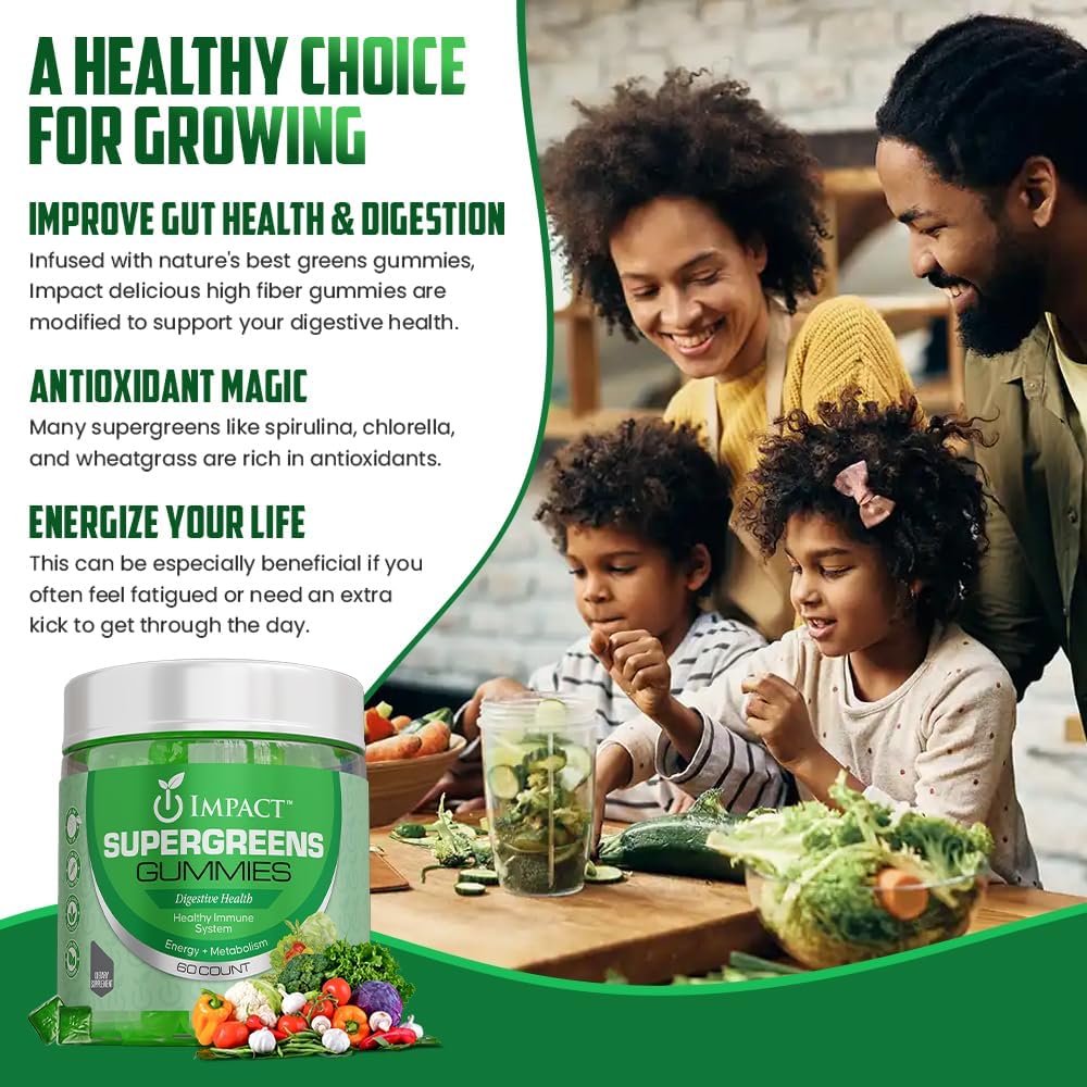 Supergreens Veggies Gummies - Gummies de fibra vegetariana para adultos " Niños - Superalimentos verdes diarios con 35+ Vitaminas esenciales " Salud de la inmunidad " Gut - 4g de fibra por dos Gummy (60 Cuenta)